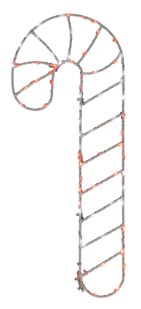 This image shows the red and white candy cane silhouette decoration on a white background. The frame is white and the lights are red and white.