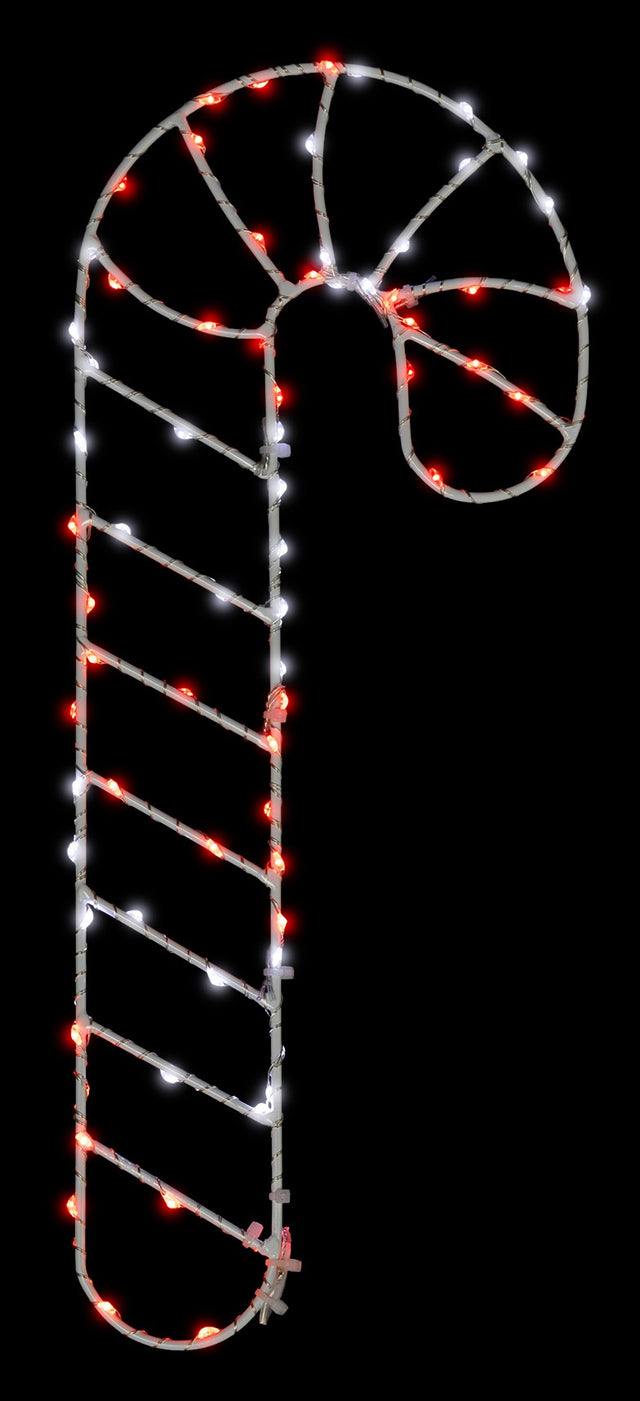 This image shows the red and white candy cane silhouette decoration on a black background. The frame is white and the lights are red and white.