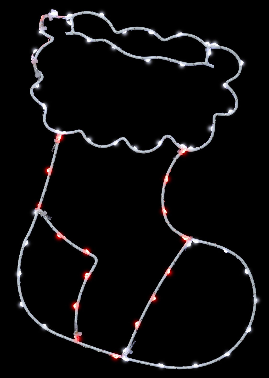 This image shows the stocking silhouette on a black background. The wire is white. The lights are white and red.