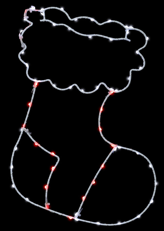 This image shows the stocking silhouette on a black background. The wire is white. The lights are white and red.