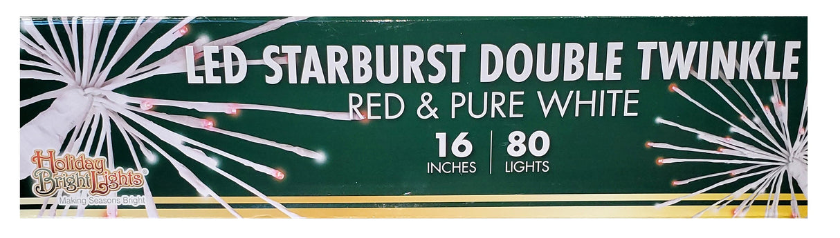 This image shows the box that this light burst comes in. It reads "LED Starburst Double Twinkle. Red & Pure White. 16 inches. 80 lights."