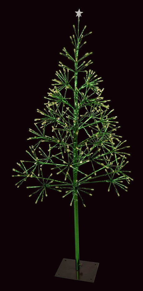 This image shows this specific 4.5 ft. wire tree on a black background. The lights on the tree are green and pure white. There's a pure white star on top. The base is brown. The branches are wrapped in a shiny green foil.