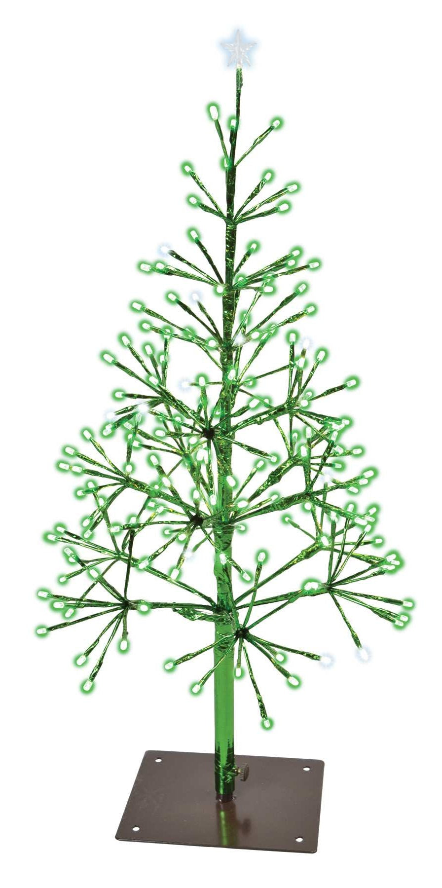 This image shows this specific 2.5 ft. wire tree on a white background. The lights on the tree are green and pure white. There's a pure white star on top. The base is brown. The branches are wrapped in a shiny green foil.