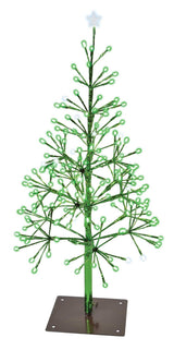 This image shows this specific 2.5 ft. wire tree on a white background. The lights on the tree are green and pure white. There's a pure white star on top. The base is brown. The branches are wrapped in a shiny green foil.