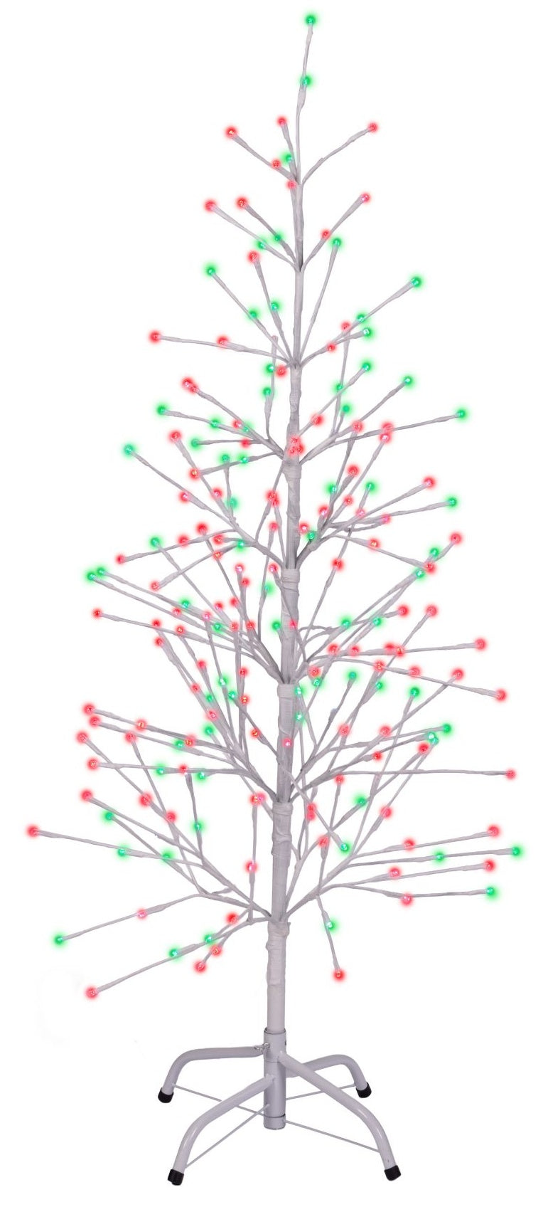 This image shows the 6.5 ft. fake birch tree featuring red and green colored lights. This is showing it on a white background.