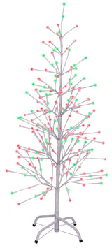 This image shows the 6.5 ft. fake birch tree featuring red and green colored lights. This is showing it on a white background.