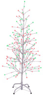 This image shows the 6.5 ft. fake birch tree featuring red and green colored lights. This is showing it on a white background.