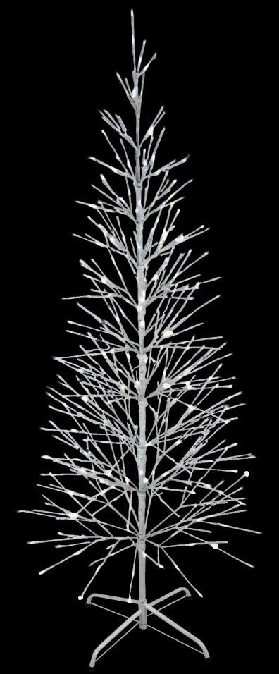 This image shows the 6.5 ft. fake birch tree featuring pure white and warm white colored lights. This is showing it on a black background.