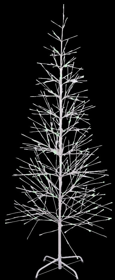 This image shows the 6.5 ft. fake birch tree featuring pure white and green colored lights. This is showing it on a black background.