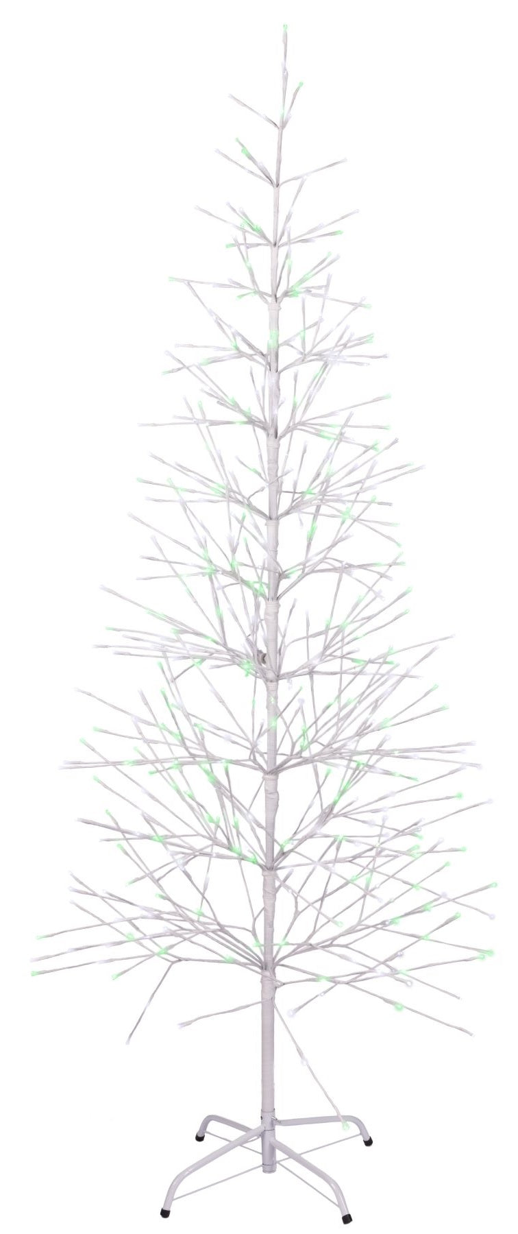 This image shows the 6.5 ft. fake birch tree featuring pure white and green colored lights. This is showing it on a white background.