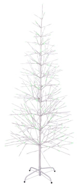 This image shows the 6.5 ft. fake birch tree featuring pure white and green colored lights. This is showing it on a white background.