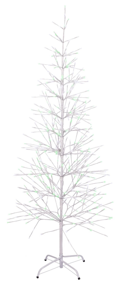 This image shows the 6.5 ft. fake birch tree featuring pure white and green colored lights. This is showing it on a white background.