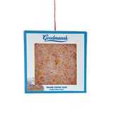 This image shows the ornament designed to look like a box of crumb coffee cake. It reads "Goodmann's. Baked Fresh Daily."