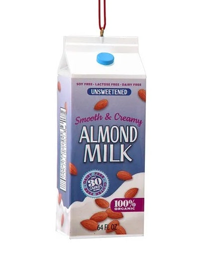This carton ornament reads "Unsweetened Smooth & Creamy Almond Milk."
