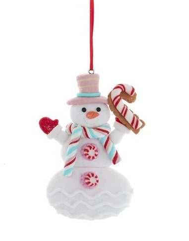 This ornament is a snowman wearing a pink top hat, red gloves, a red, light blue and white striped scarf and peppermint candy buttons. In his right hand, he's holding a candy cane.