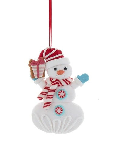 This ornament is a snowman wearing a red and white striped hat, a red and white striped scarf, light blue gloves and light blue/peppermint candy buttons. In his left hand, he's holding a pink present.
