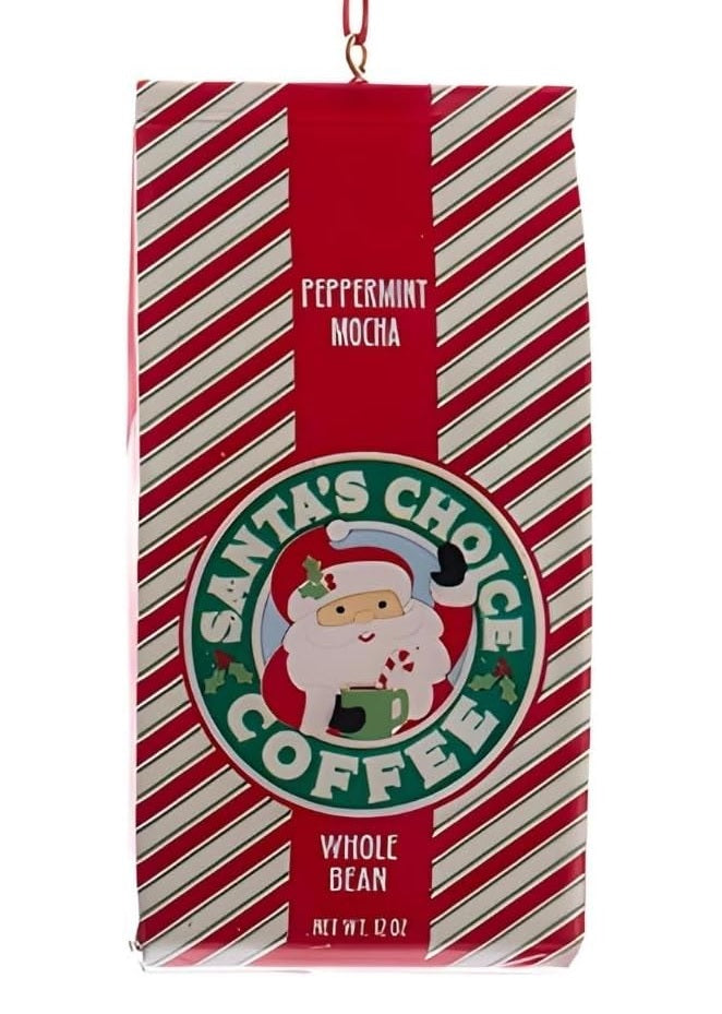 This ornament was designed to look like a bag of coffee that is red and white striped and reads "Peppermint Mocha Santa's Choice Coffee Whole Bean."