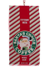 This ornament was designed to look like a bag of coffee that is red and white striped and reads "Peppermint Mocha Santa's Choice Coffee Whole Bean."
