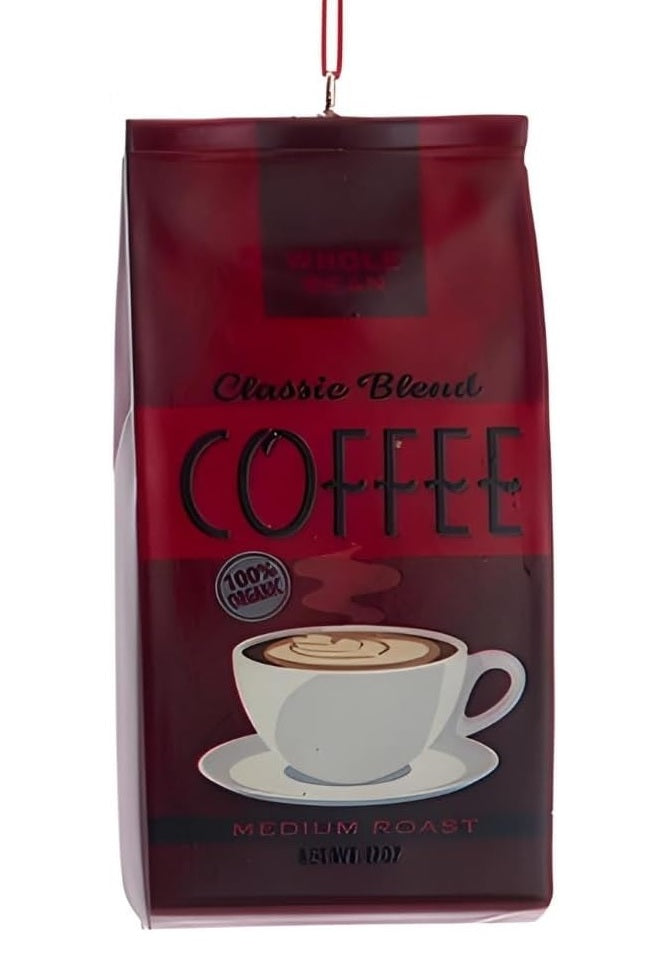 This ornament was designed to look like a bag of coffee that is red and maroon and reads "Classic Blend Coffee 100% Organic."