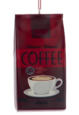 This ornament was designed to look like a bag of coffee that is red and maroon and reads "Classic Blend Coffee 100% Organic."