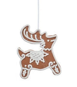 This image shows the ornament shaped like a gingerbread reindeer. It has swirly white "frosting" accents.