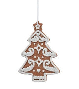 This image shows the ornament shaped like a gingerbread tree. swirly white "frosting" accents and a star on top.