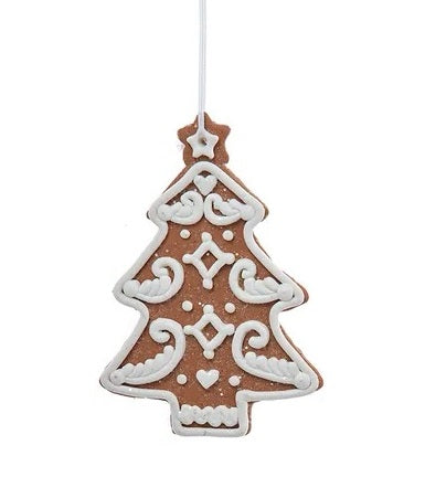 This image shows the ornament shaped like a gingerbread tree. swirly white "frosting" accents and a star on top.
