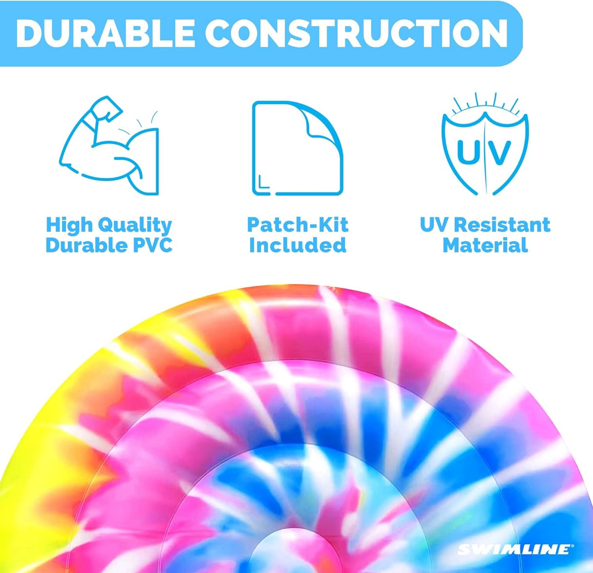 This tie dye island lounger pool float was made from high quality, durable PVC and UV-resistant materials. There's also a patch kit included.