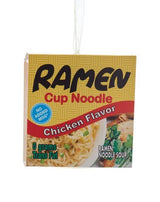 This ornament is a yellow box of chicken flavored Ramen Cup Noodle.
