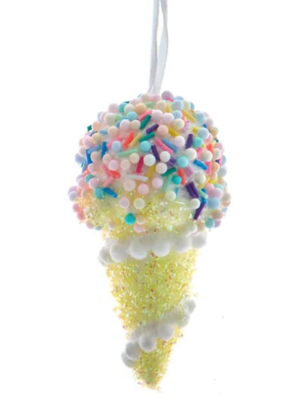 This ornament features multi-colored beads and sprinkles on top and a yellow base.