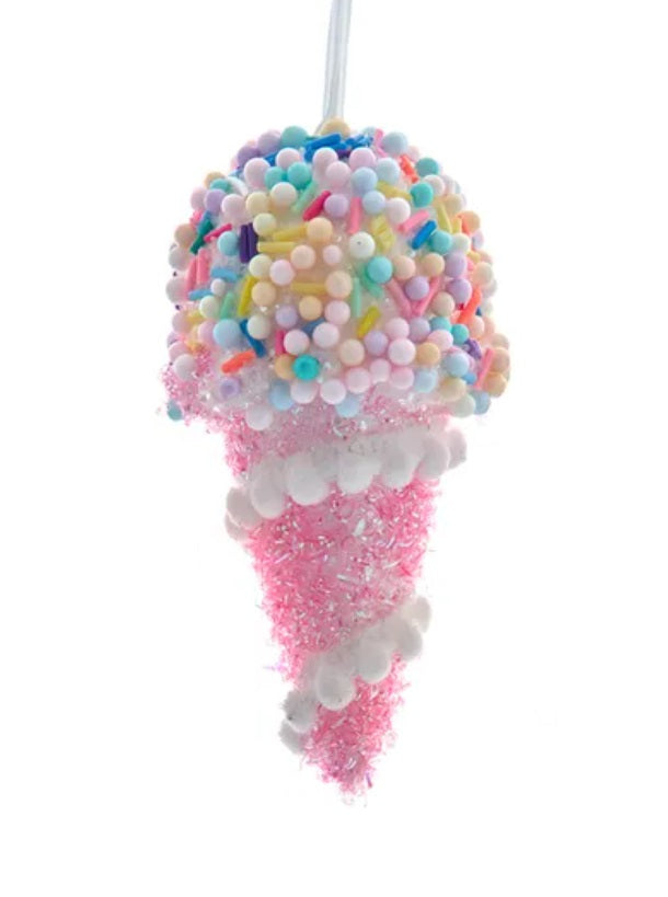 This ornament features multi-colored beads and sprinkles on top and a pink base.