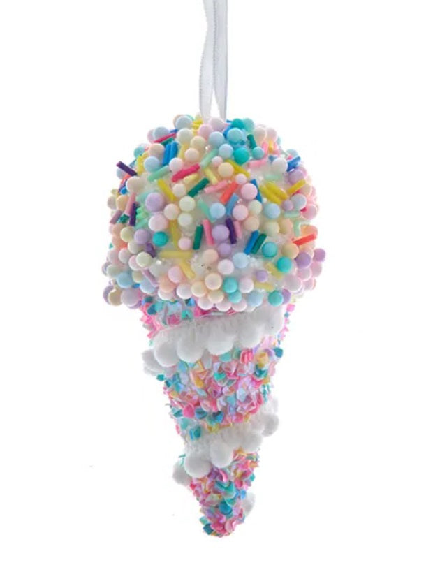 This ornament features multi-colored beads and sprinkles on top and on the base.