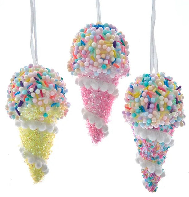 This image shows the three different options available for this pastel ice cream cone ornament.