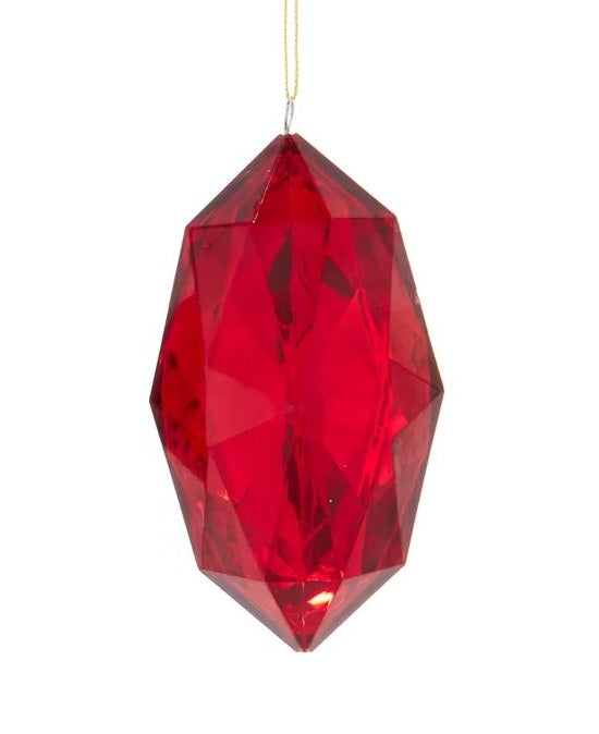 This ornament is a long jewel-like ornament in a deep red color.