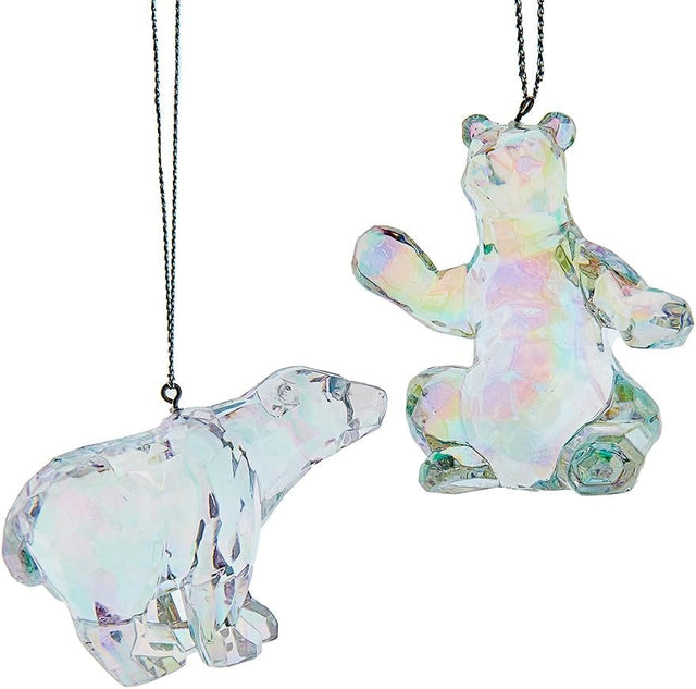This image shows two opalescent/clear colored bear ornaments. One is standing on all fours. The other ornament is standing on its hind legs.