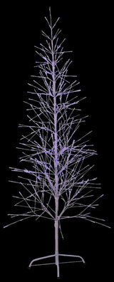 This image shows the 6.5 ft. fake birch tree featuring pure white and blue colored lights. This is showing it on a black background.