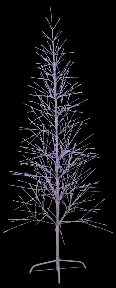 This image shows the 6.5 ft. fake birch tree featuring pure white and blue colored lights. This is showing it on a black background.