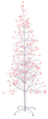 This image shows the 6.5 ft. fake birch tree featuring red and pure white colored lights. This is showing it on a white background.