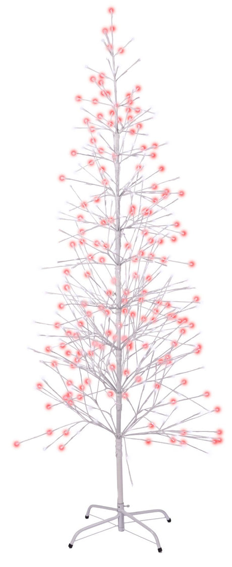 This image shows the 6.5 ft. fake birch tree featuring red and pure white colored lights. This is showing it on a white background.