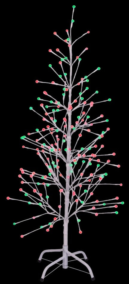 This image shows the white wrapped fake birch tree on a black background. The branches have green and red LED lights.