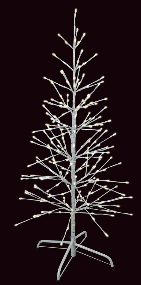 This image shows the white wrapped fake birch tree on a black background. The branches have warm white and pure white LED lights.