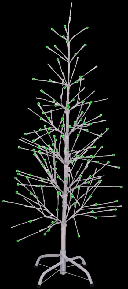 This image shows the white wrapped fake birch tree on a black background. The branches have green and pure white LED lights.