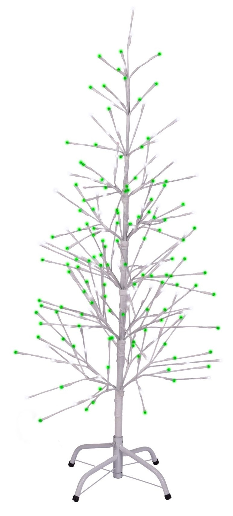This image shows the white wrapped fake birch tree on a white background. The branches have green and pure white LED lights.