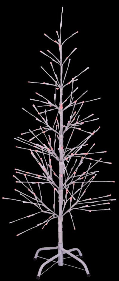 This image shows the white wrapped fake birch tree on a black background. The branches have red and pure white LED lights.