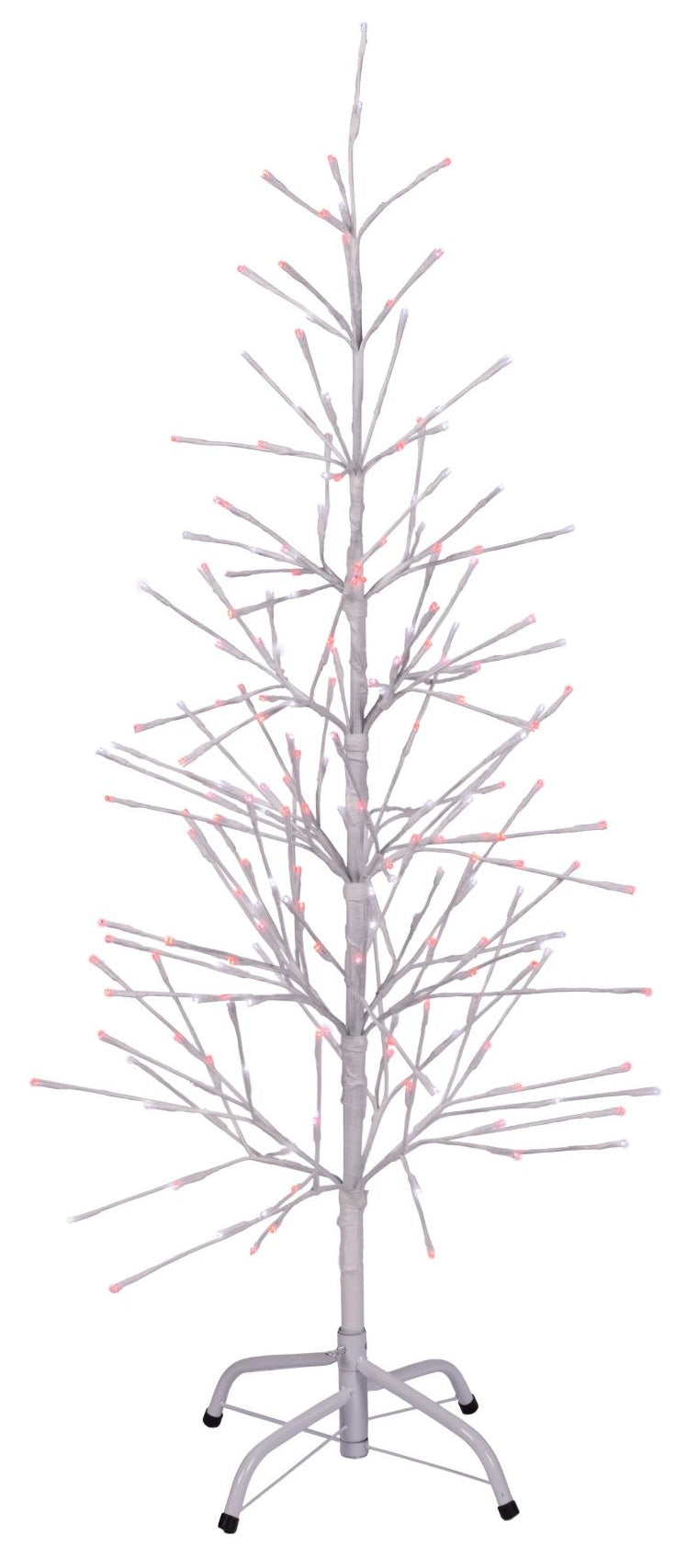 This image shows the white wrapped fake birch tree on a white background. The branches have red and pure white LED lights.