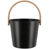 A black colored aluminum sauna bucket with a wooden handle.