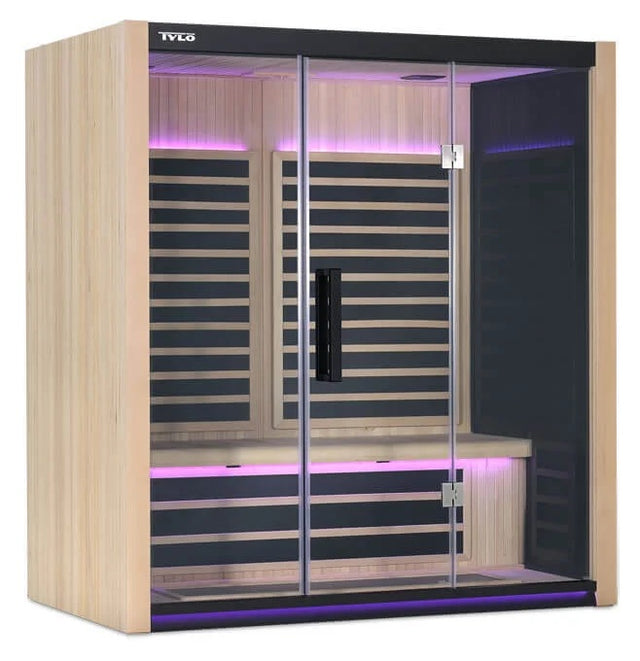 A light brown, 3-person sauna with purple lights on inside.