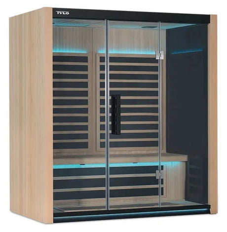 A light brown, 3-person sauna with blue lights on inside.