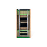 Light brown colored home sauna that fits 1 person. The lights inside the sauna can be changed. The lights in this image are green.