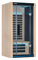Light brown colored home sauna that fits 1 person. The lights inside the sauna can be changed. The lights in this image are blue.